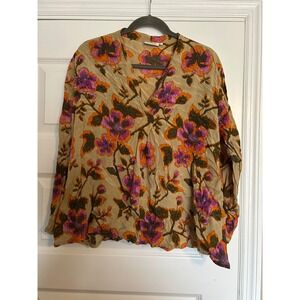 Masai Women Tan Purple Floral V-Neck Viscose Crinkle Blouse Top Size L